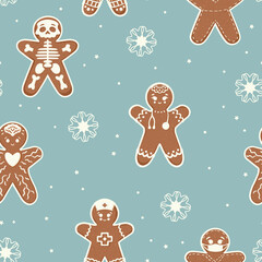 Vector Cheerful Medical Staff Gingerbread Cookies with Snowflakes on Blue seamless pattern background. Perfect for web design, fabric, scrapbooking and wallpaper projects.