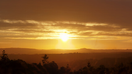Fototapeta na wymiar Yellow Sunrise panorama at Mallanganee NSW Australia