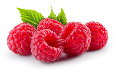 Raspberry isolated. Red raspberries with green leaf isolated on white. With clipping path. Full...
