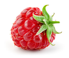 Raspberry isolated. One red raspberry with green leaf isolated on white. Full depth of field.