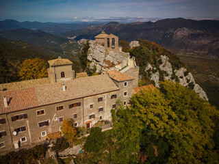Aerial view to Shrine of Our Lady of Mentorella in Lazio, Italy