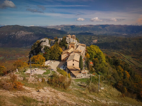 Aerial view to Shrine of Our Lady of Mentorella in Lazio, Italy