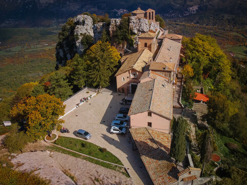 Aerial view to Shrine of Our Lady of Mentorella in Lazio, Italy