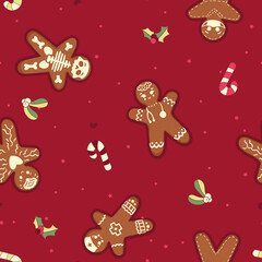 Vector Festive Medical Staff Gingerbread Cookies with Candy Confetti on Christmas Red seamless pattern background. Perfect for web design, fabric, scrapbooking and wallpaper projects.