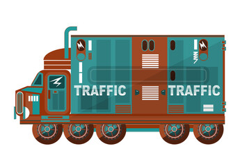 Large truck on a white background. The inscription on the body - Traffic. Stylized image. Flat. Vector illustration