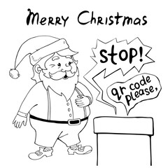 Santa Claus is not allowed into chimney of fireplace, they require QR code. Soon on all roofs of world. Humorous hand drawn outline illustration, joke on topic of covid-19, vaccination, lockdown