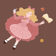 Girl Alice flies with a book, a cup and a clock illustration for a fairy tale. Little beautiful girl in a vintage pink dress with a book and a cup hangs in the air.