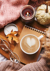 Autumn still life with  pumpkins and coffee