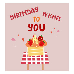 Happy Birthday greeting with lettering, cakes, heart. Vector design for web, print, poster, card, logo, etc. 