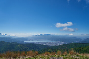長野県　高ボッチ高原からの諏訪湖と富士山
