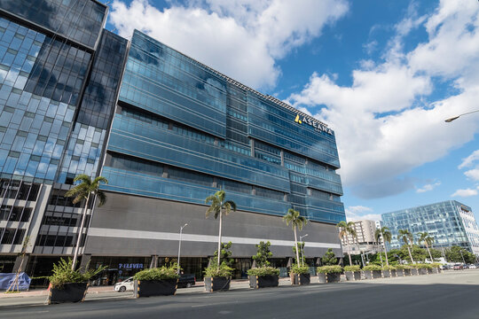 Paranaque, Metro Manila, Philippines - Nov 2021: Glassy and modern mid-rise office buildings in Aseana City.