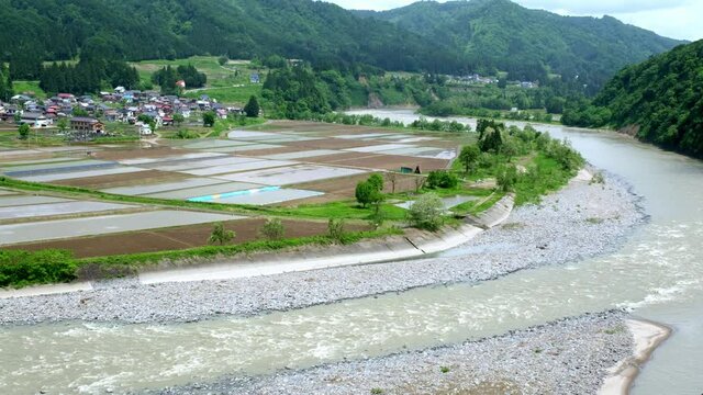 春の信濃川の展望地から眺める信濃川