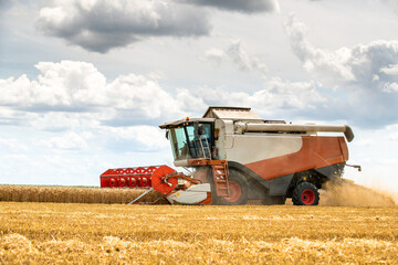 Combine harvester in action on wheat field. Harvesting is the process of gathering a ripe crop from...