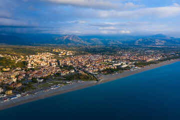 Fototapeta na wymiar Aerial view of Scalea city and sea beach at sunset, province of Cosenza, Calabria region, south Italy.