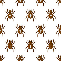 Vector spider with orange cross on back seamless pattern. Halloween character icon. Cute autumn all saints eve illustration with scary black insect. Samhain party sign design for kids.