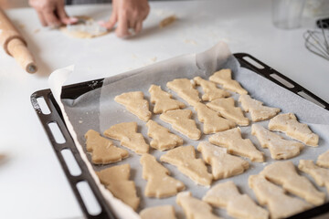 Smiling woman in the kitchen baking christmas cookies