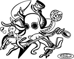 Fototapeta na wymiar The serious octopus catches fish, fries eggs, takes a rabbit out of his hat, plays the electric guitar, writes and takes selfies. Monochrome linear illustration with stylized octopus silhouette.