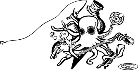 The serious octopus catches fish, fries eggs, takes a rabbit out of his hat, plays the electric guitar, writes and takes selfies. Monochrome  linear illustration with stylized octopus silhouette.