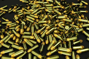 Large pile of cartridges lies randomly scattered on the dark black floor. 3D illustration of bullets on a black isolated background. Golden bullets, pistol cartridges