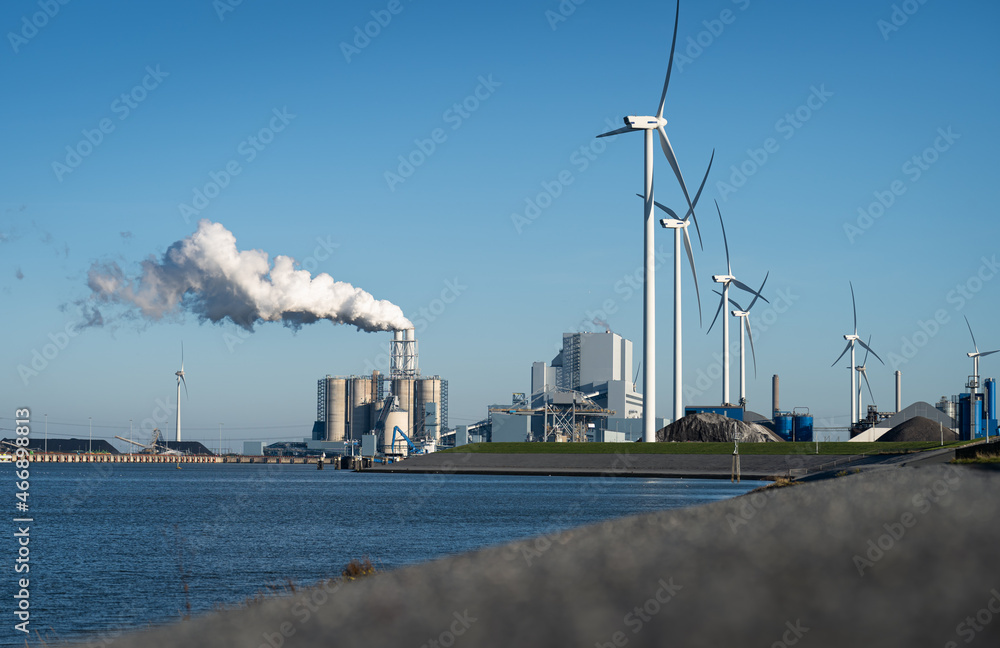 Aufkleber fossil fuel (coal) power station and wind turbines in the eemshaven generating power. energy transit