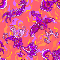 Paisley animal background. Seamless pattern with fantasy birds. Firebirds in Paisley style. Folk Oriental motif.