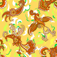 Obraz premium Paisley animal background. Seamless pattern with fantasy birds. Firebirds in Paisley style. Folk Oriental motif.