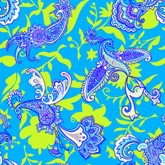 Paisley animal background. Seamless pattern with fantasy birds. Firebirds in Paisley style. Folk Oriental motif.