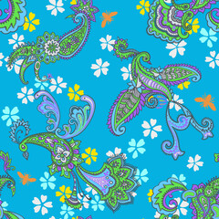 Obraz premium Paisley animal background. Seamless pattern with fantasy birds. Firebirds in Paisley style. Folk Oriental motif.