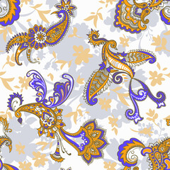Obraz premium Paisley animal background. Seamless pattern with fantasy birds. Firebirds in Paisley style. Folk Oriental motif.