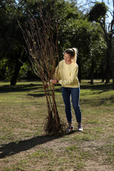 Happy woman with young trees ready for planting outdoors on sunny day