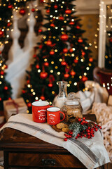 Christmas decorations hanging on fir tree. christmas tree detail