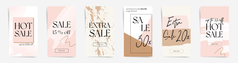 Promotion sale stories banners fashion template set. Abstract pink and beige design for sale stories and promo posts. Geometric design with lines, strokes and geometric shapes. Nude modern colors.
