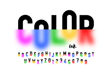 Color ink half-blurred colorful font, alphabet letters and numbers vector illustration