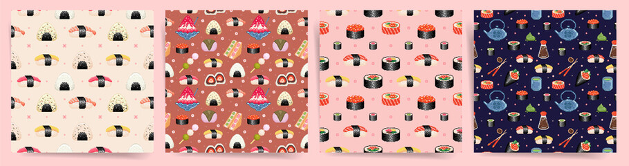 Pixel art japanese cuisine seamless patterns. Square repeat tile set with sushi, maki, roll, onigiri rice ball, japanese kettle, chopsticks, other japanese food. Vector tileable backgrounds collection