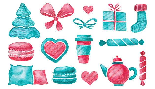 Hand-drawn watercolor illustrations: tea, hearts, macaroons, sweets