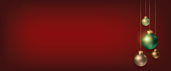 Red Merry Christmas and New Year Background with ornaments hanging and text space