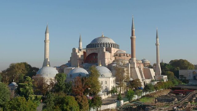 Panoramic top view of the Hagia Sophia mosque during sunny morning. Istanbul, Turkey. Video 4k resolution