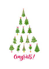 Greeting card with lettering and stylized shape of a Christmas tree consisting of different decorative   trees. Colorful vector isolated illustration  on the white background.