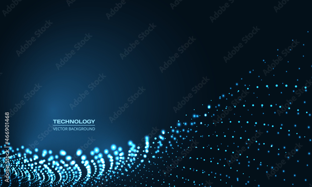 Poster Digital abstract vector technology particle wave in dark blue background. Hi tech particles wire network concept. Futuristic technology artificial intelligence science background. Vector illustration