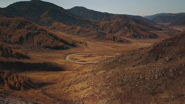 Altai Republic, Siberia, Russia. A free traveler girl throws up her hands and enjoys a huge endless landscape with a serpentine highway, huge mountains. Aerial view of the beautiful autumn wildlife of