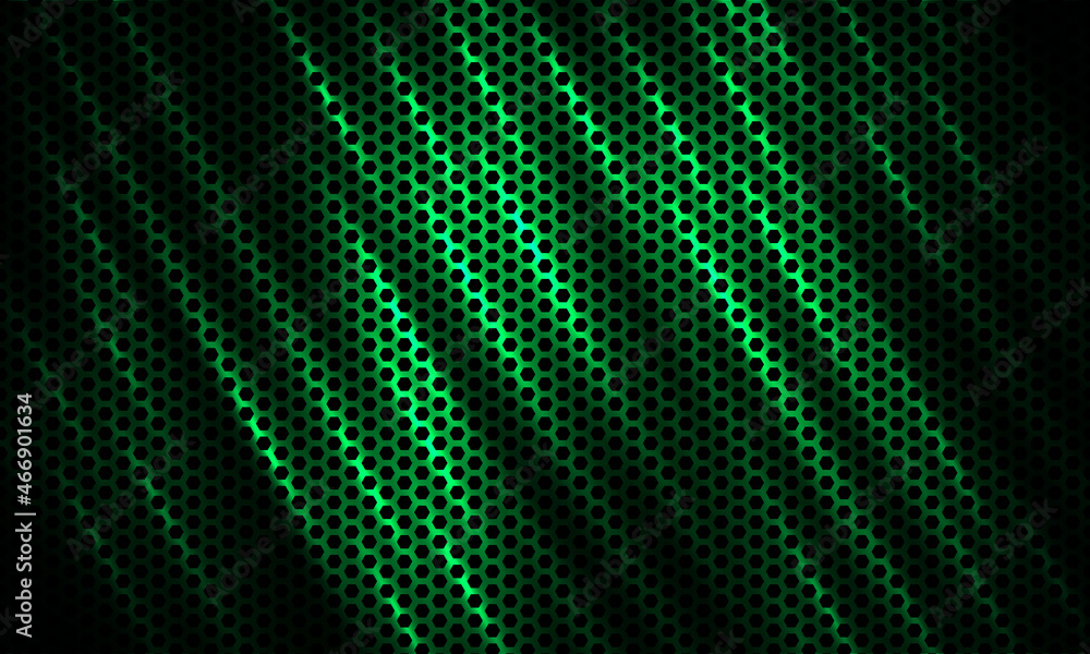 Poster Dark green hexagon tech colorful sport background with carbon fiber. Technology honeycomb abstract vector background with green colored bright flashes. Hexagonal gaming background.