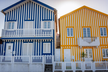 Traditional stripes painted house - Palheiros in Costa Nova area of Aveiro, Portugal