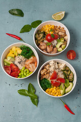assorted three types of poke: vegetarian, with shrimp and with chicken