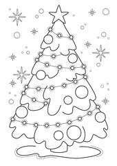 Cartoon page for coloring book with Christmas tree, hand-drawn vector illustration.