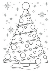 Cartoon page for coloring book with Christmas tree, hand-drawn vector illustration.