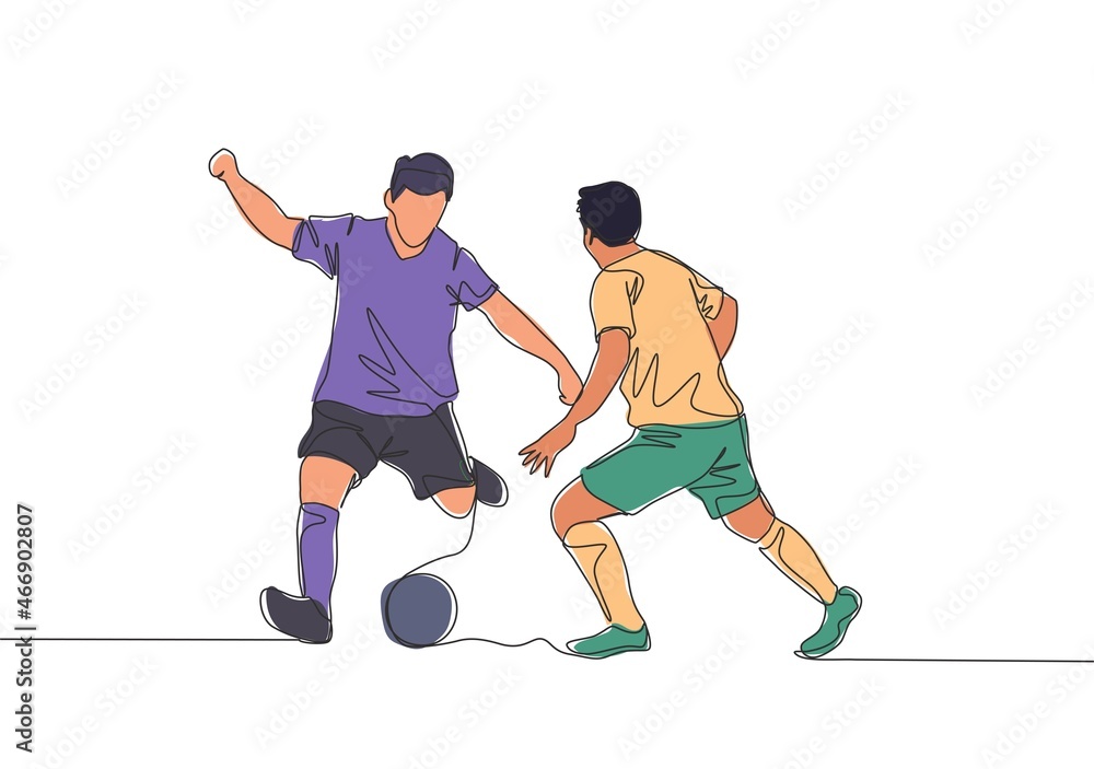 Canvas Prints One continuous line drawing of young energetic football striker dribbling ball pass the opponent defender. Soccer match sports concept. Single line draw design vector illustration