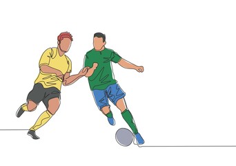 Fototapeta na wymiar Single continuous line drawing of young energetic football player defending the ball from opponent player who want to seized it. Soccer match sports concept. One line draw design vector illustration