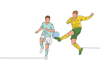 One continuous line drawing of young energetic football player doing ball clearance to keep his area safe from opponent attack. Soccer match sports concept. Single line draw design vector illustration