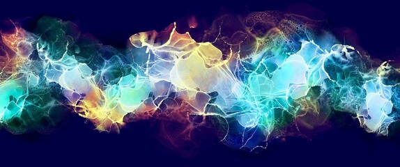 Fototapeta premium Abstract coloured bright alcohol ink background on the dark blue background, dreamy hand drawn art, fluid illustration texture, modern flashing wallpaper for print