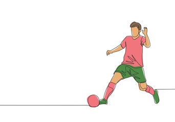One single line drawing of young energetic football player win the ball and dribbling it to the opponent's area. Soccer match sports concept. Continuous line draw design vector illustration